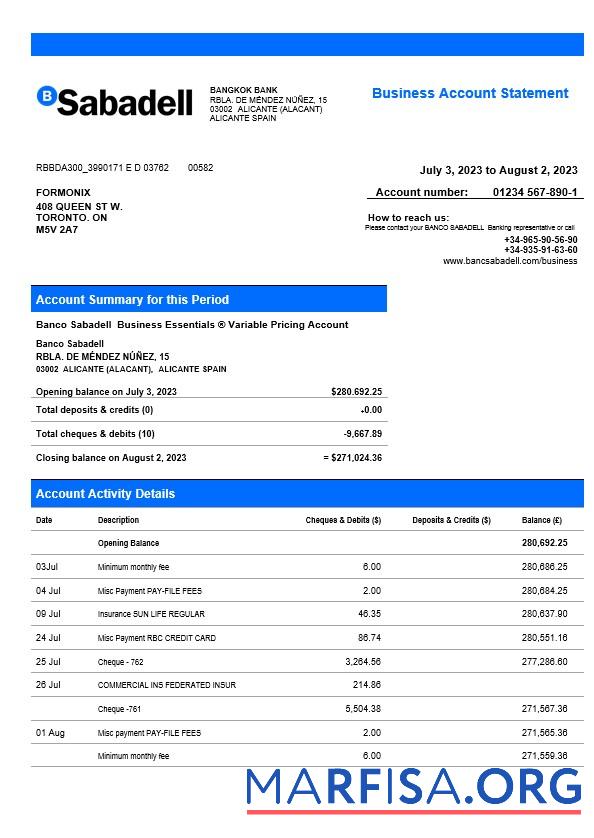 Blank BANCO Sabadell firm statement Word and PDF template